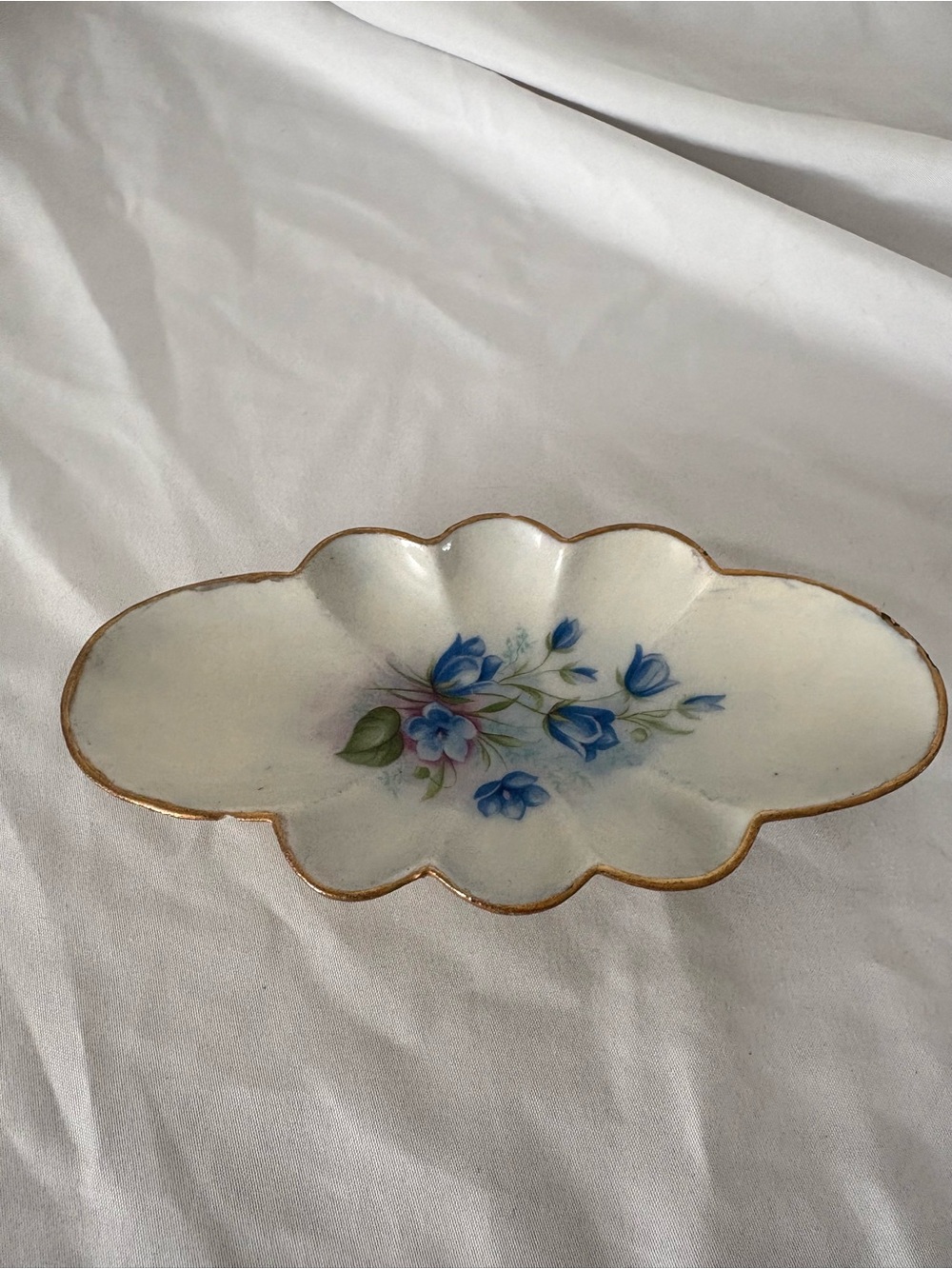 Vintage ceramic ring trinket dish blue floral hand painted home decor 1960s